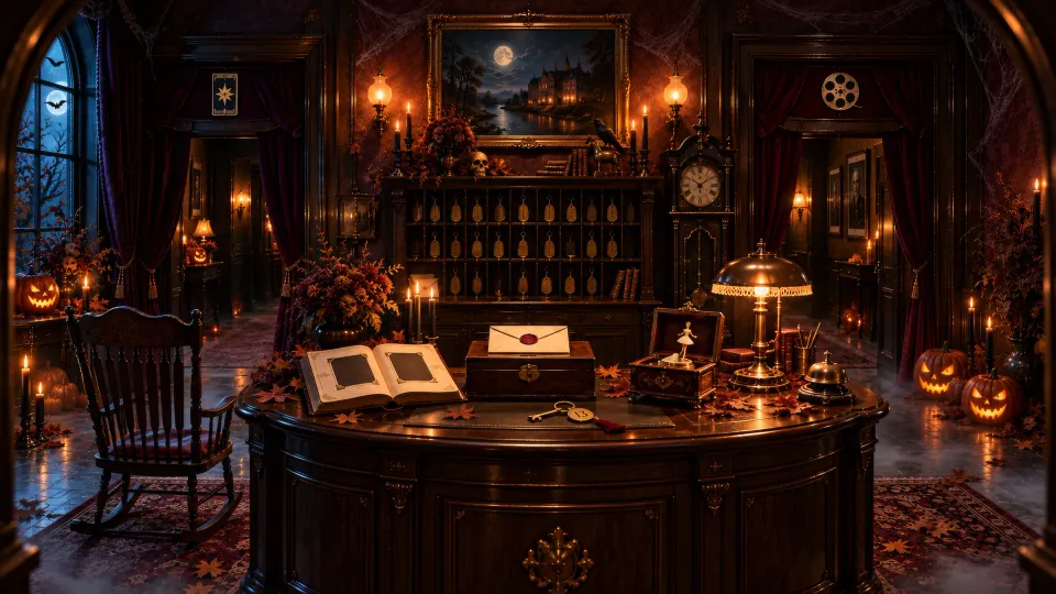 The candlelit reception of an old hotel with pumpkins and a wooden desk