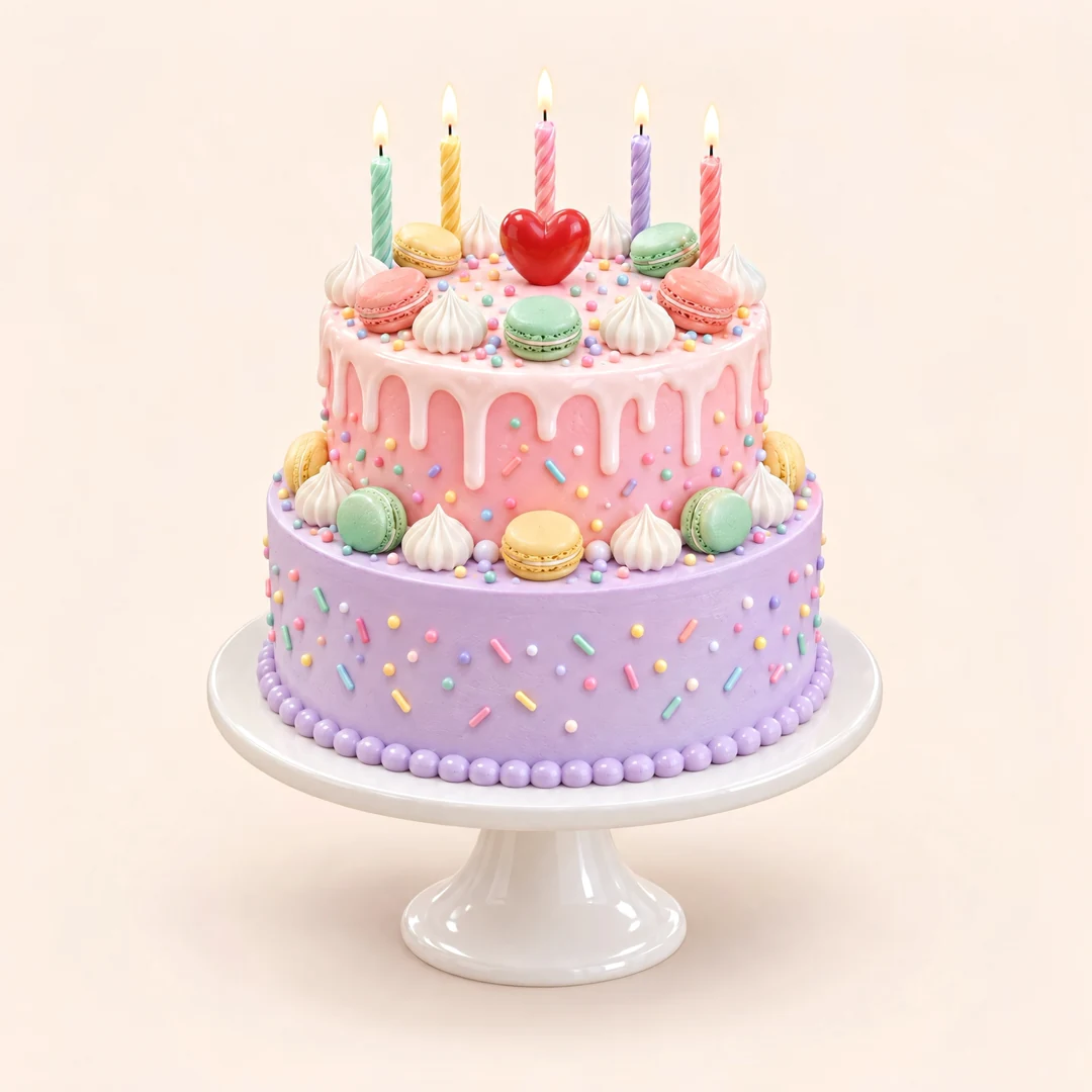 A pastel 3D birthday cake with candles, slowly spinning