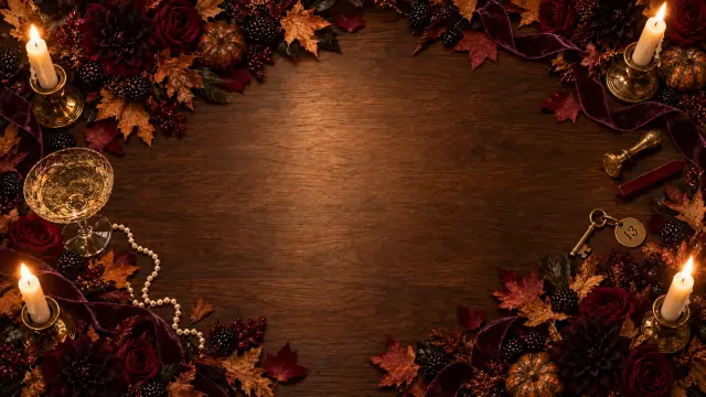 A candlelit table with dark dahlias, autumn leaves, small pumpkins and a hotel key numbered 13